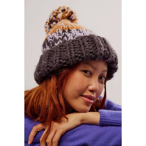 FREE PEOPLE Tide Stripe Knit Pom Beanie / Coal - Picture 6 of 6